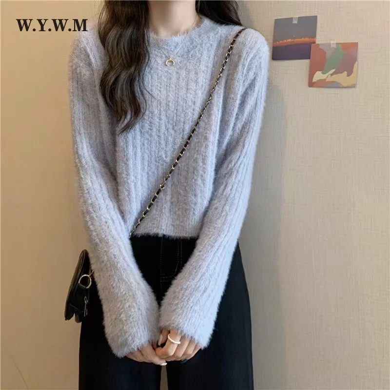 

Женский укороченный свитер с круглым вырезом, длинным рукавом