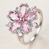 mfy cute female pink crystal stone ring charm silver color thin wedding rings dainty bride flower zircon engagement ring
