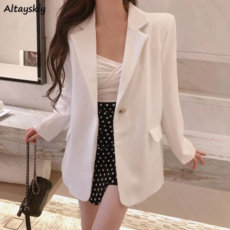 

Women White Blazer Long Sleeve Single Button Outwear Hot Sale Elegant Notch Suit Femme Office Wear Simplicity Blazers Ulzzang
