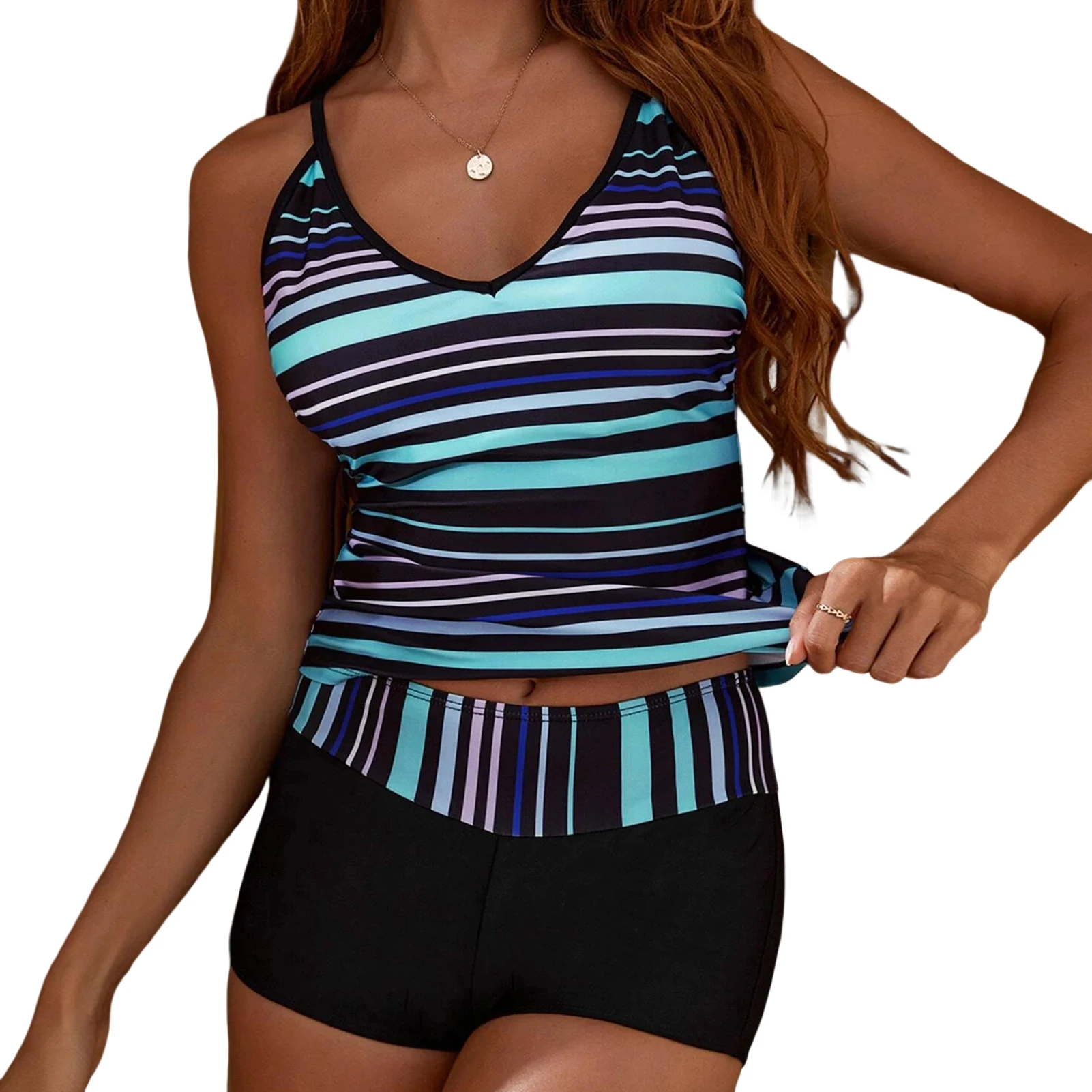 

Купальный костюм для женщин, купальник, комплект бикини, топ на тонких бретельках, шорты, приталенный, с открытой спиной, без рукавов, купальный костюм из двух предметов