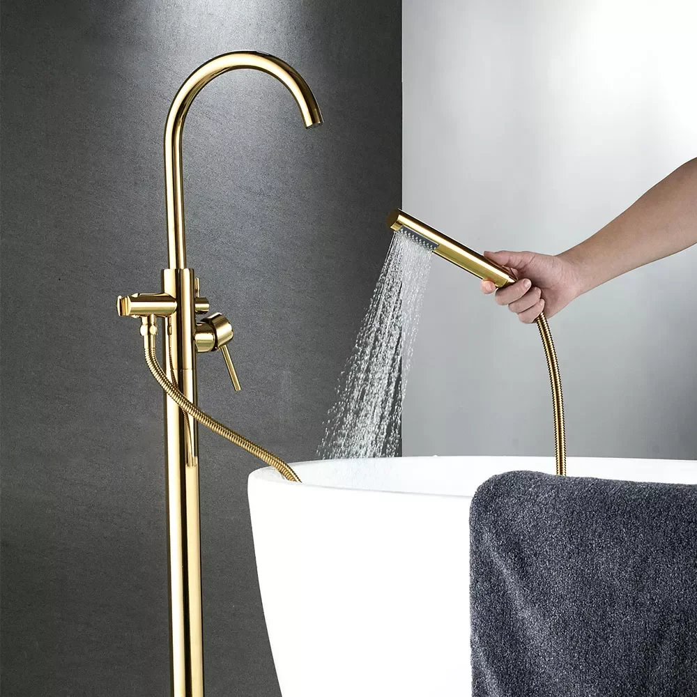 

Bathtub Faucet Brass Chrome Bathroom Faucet Swivel Spout Single Handle Tub Floor Mount Filler Hand Shower Sprayer Mixer Tap 6021