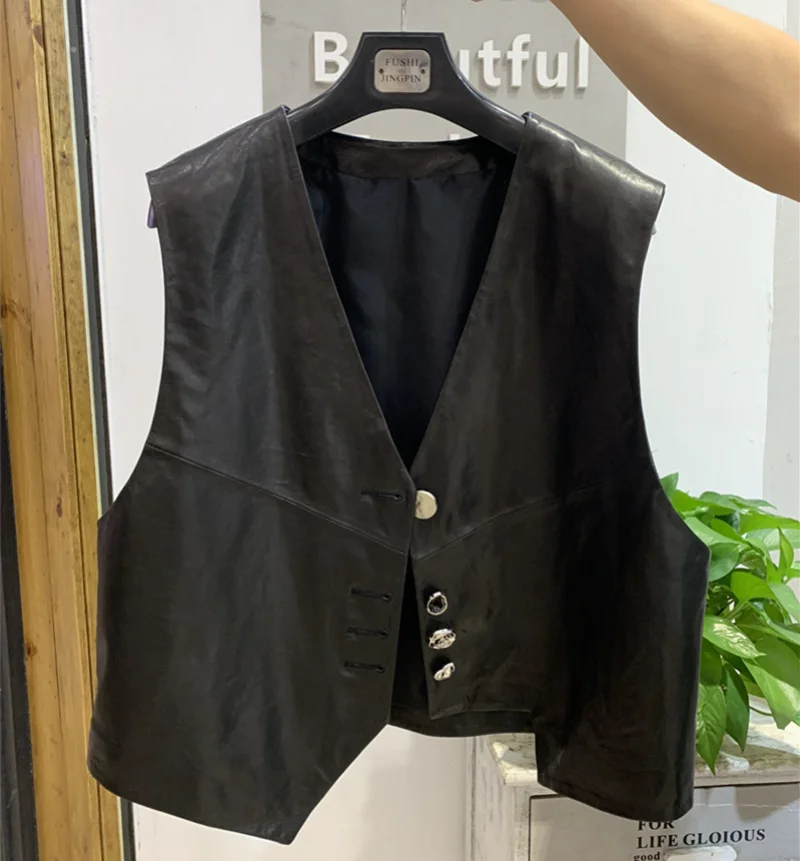 

Streetwear Women V Neck Single Breasted Soft Sheepskin Vest Top Casual Natural Genuine Leather Vest Sleeveless Jacket Waistcoat