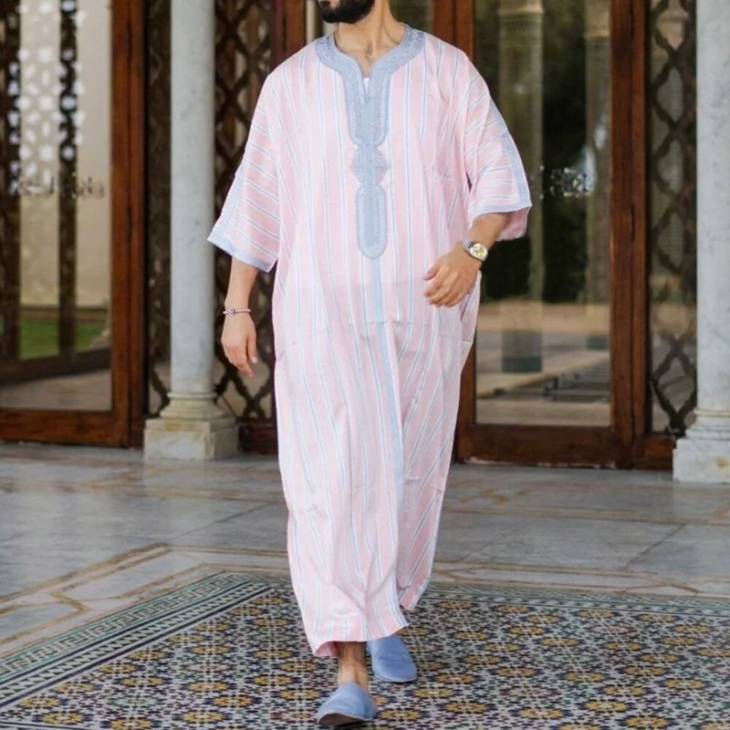 Men's V-neck Printed Muslim Robe European and American New Short Sleeved Jumpsuit Arab Ethnic Style