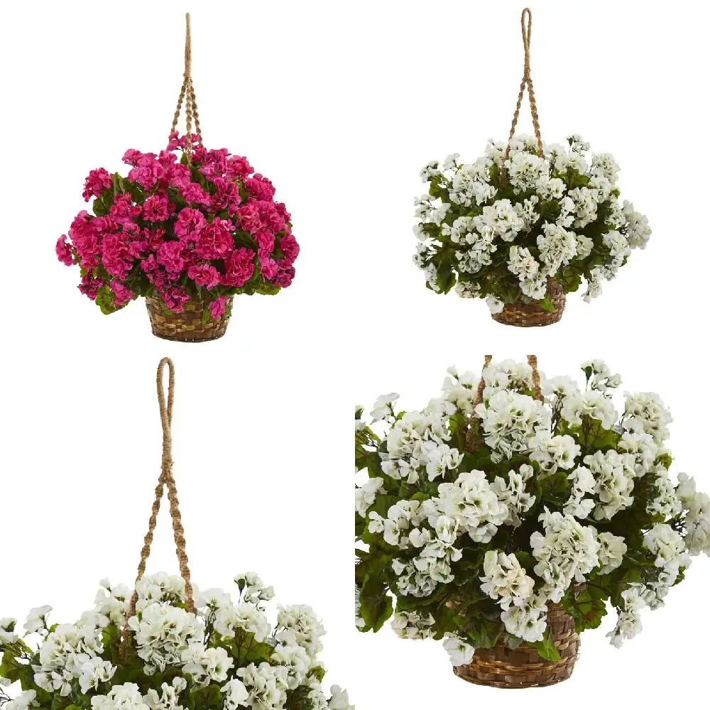

UV Resistant White Geranium Plastic Artificial Hanging Basket Plant - Perfect for Decoration and Protection of Your Home Garden.