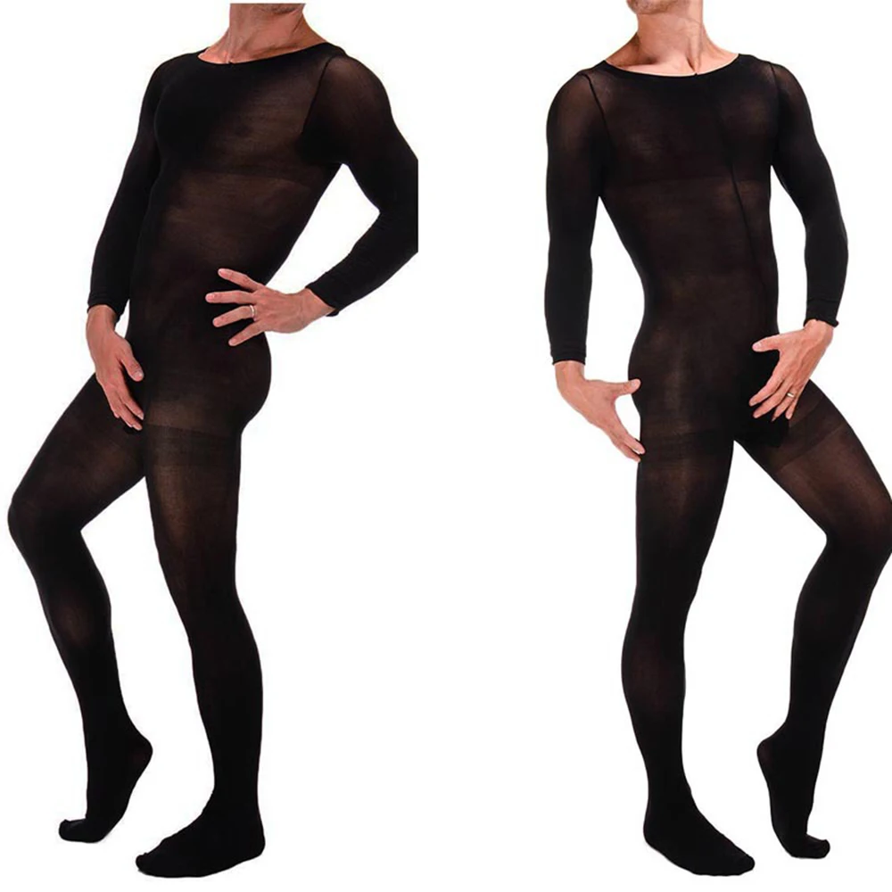 

2023 Mens See Through Sheer Long Sleeves Round Neck Crotchless Footed Stretchy Body Pantyhose Tights Full Body Stockings
