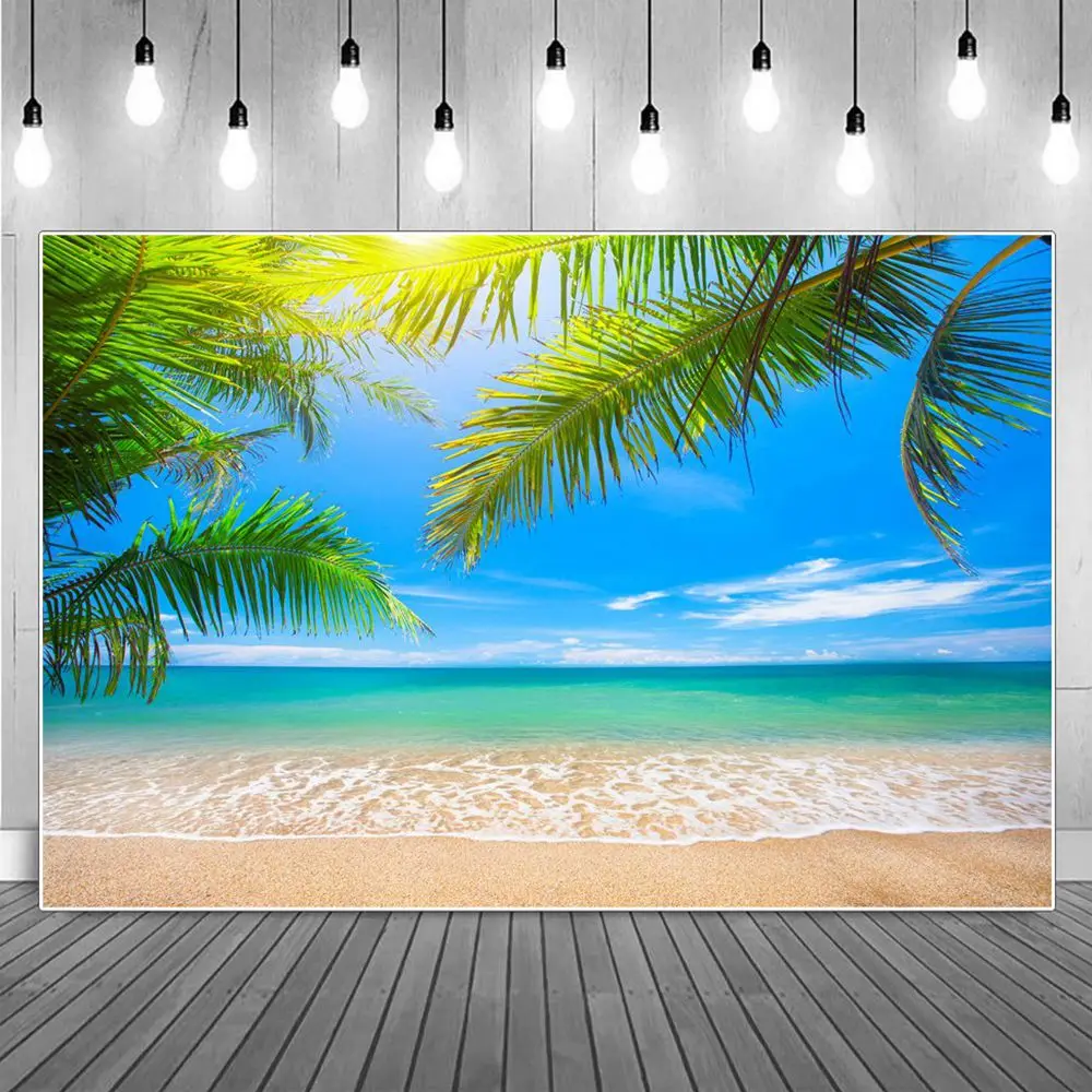 

Palm Trees Sand Beach Photography Backgrounds Blue Summer Seaside Tropical Waves Leaves Holiday Backdrops Photographic Portrait