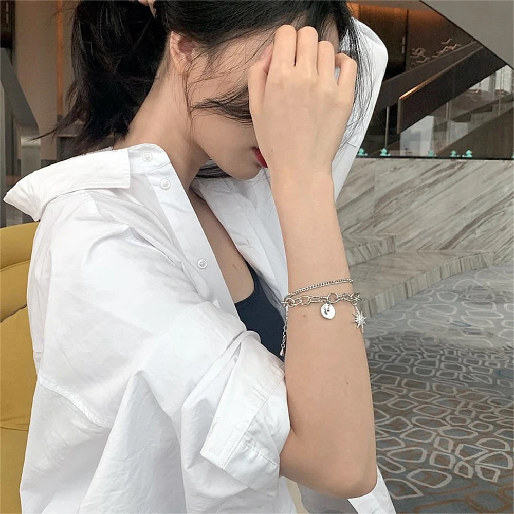 

Summer Korean Fashion Starfish Inlay Chain Double Layer Bracelet Stainless Steel Bracelets Jewelry For Women Free Shipping