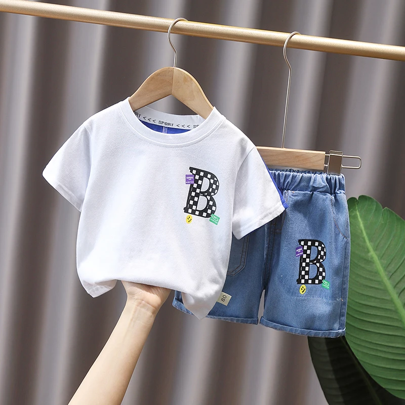 

Fashion Cotton Children Summer Baby Boys Girls Clothes Letter B T Shirts Denim Shorts 2Pcs/Set Kids Casual Toddler Tracksuits