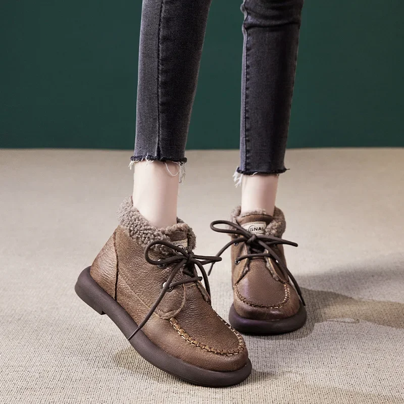 

Ботильоны женские из натуральной бычьей кожи, удобные дизайнерские полусапожки в британском стиле, на танкетке, плюшевая обувь в стиле ретро, 3 см, весна-осень