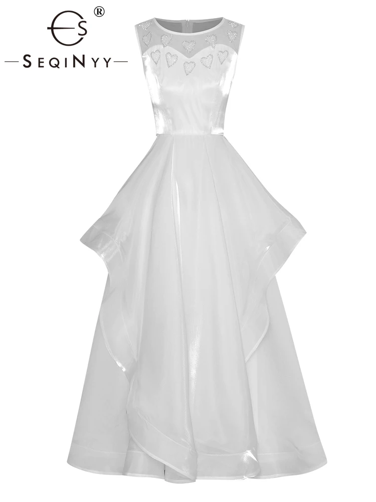 SEQINYY White Party Dress Summer Spring New Fashion Design Women Runway High Street Beading Heart Ruffles A-Line Vest Casual