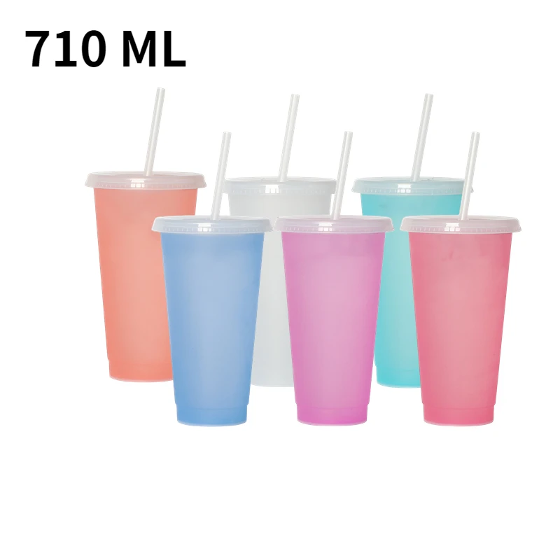 

710 мл прозрачная пластиковая соломенная чашка с крышкой меняющая цвет кофейная чашка многоразовые чашки пластиковая кружка матовая отделк...