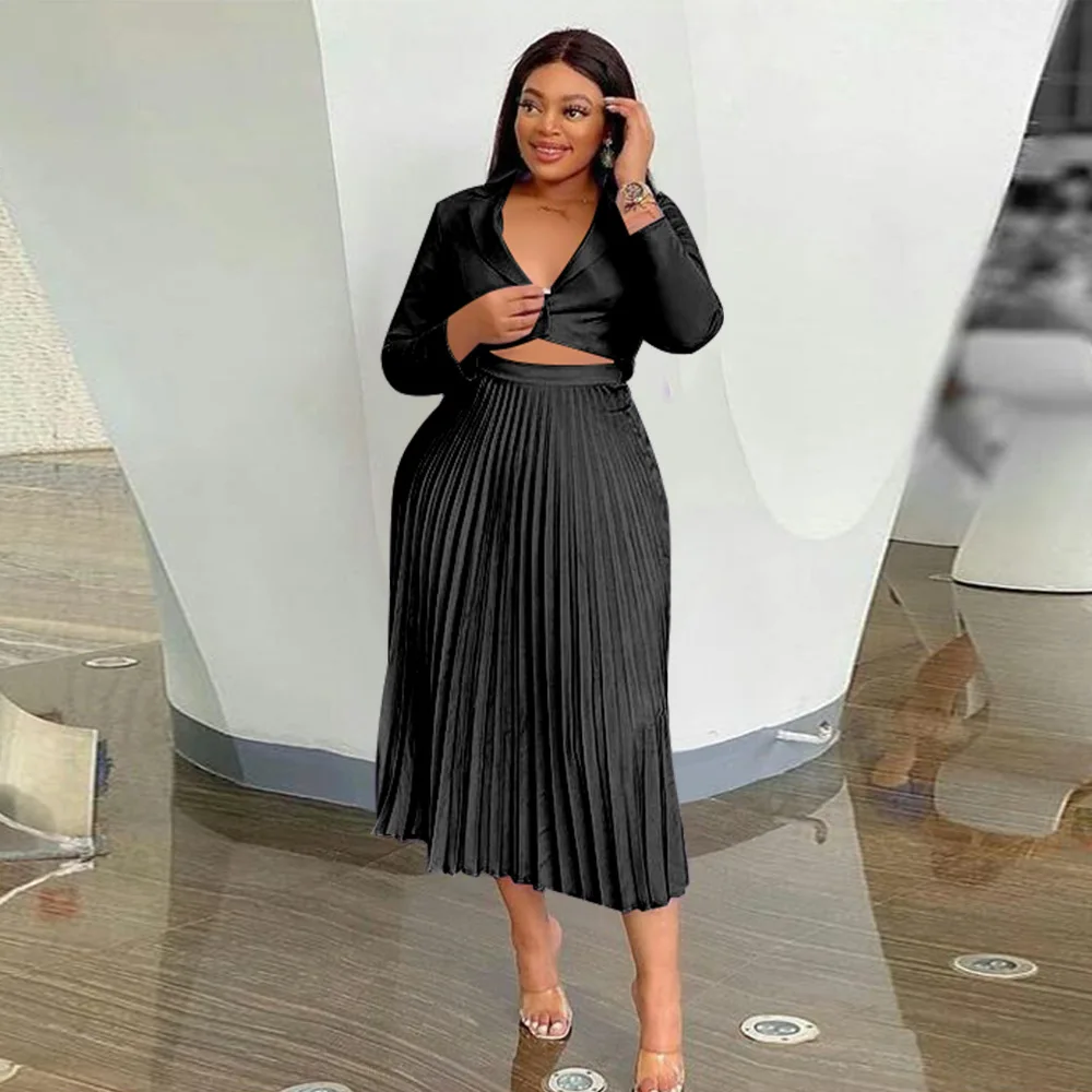 

Женский комплект из двух предметов, элегантный однотонный комплект из топа с V-образным вырезом, длинным рукавом и плиссированной юбки, осень 2023