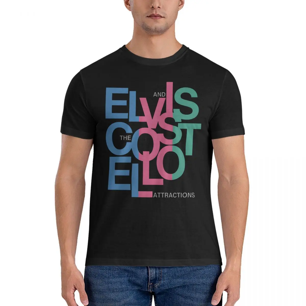 Мужская футболка с надписью E-Elvis Costello Модная хлопковая Футболка круглым вырезом