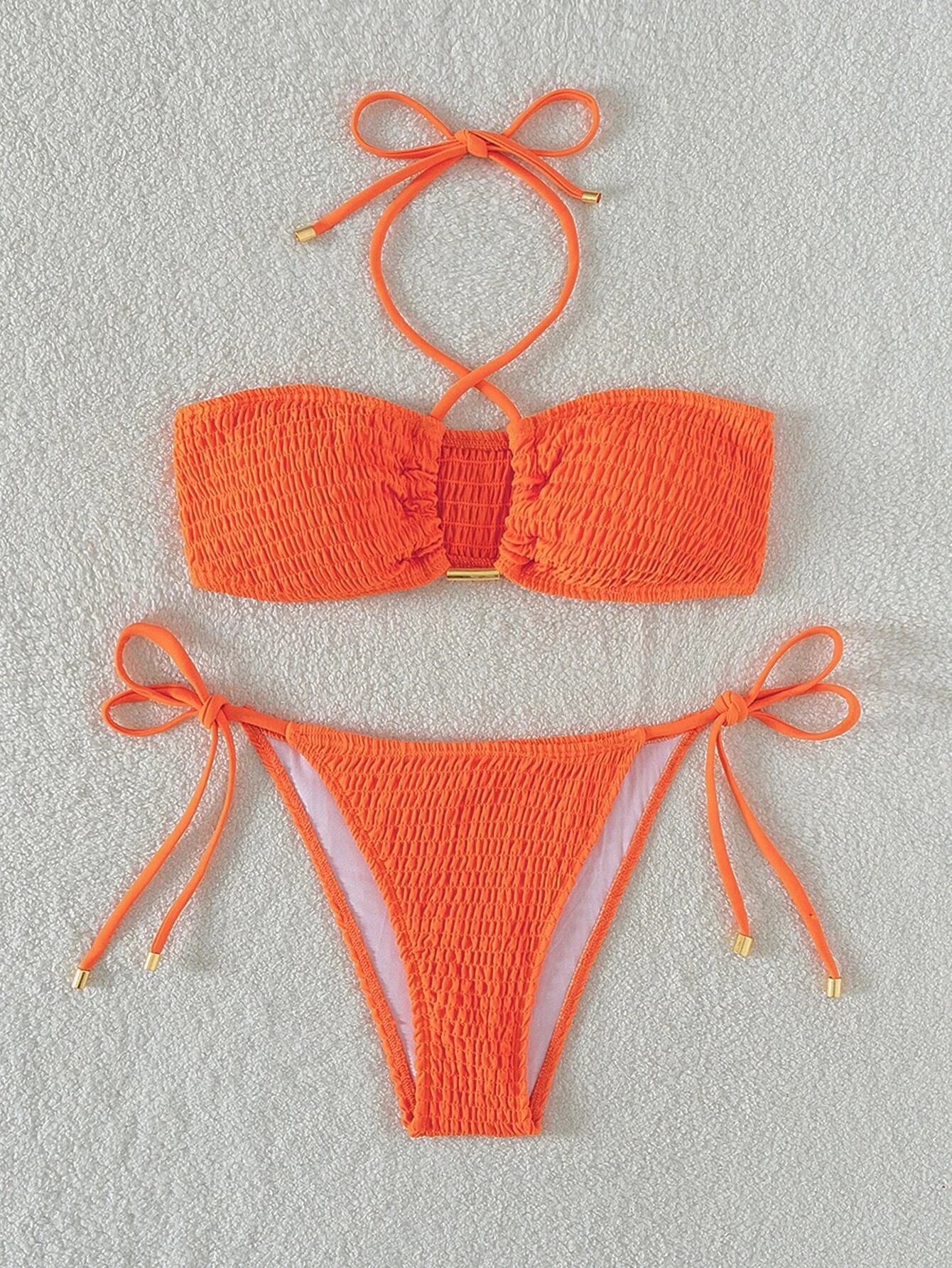 

Two Piece Swimwear Plain Smocked Tie Side Bikini Swimsuit Women Bandeau Bikini Set 2023 Summer Beach Bathing Suit