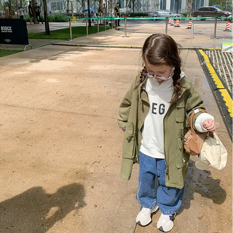 Children Coat Toddler Girl Fashion Long Windbreaker 2022 Autumn Winter Korean Kids Clothing Zipper Baby Boys Army Green Jacket