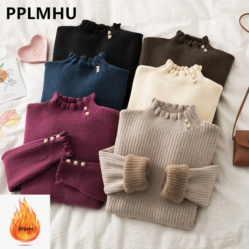 

Korean Turtleneck Plus Velvet Slim Sweater Women Winter Warm 2022 Thicken Knitted Pullover Casual Fleeve Lined Bottomed Tops