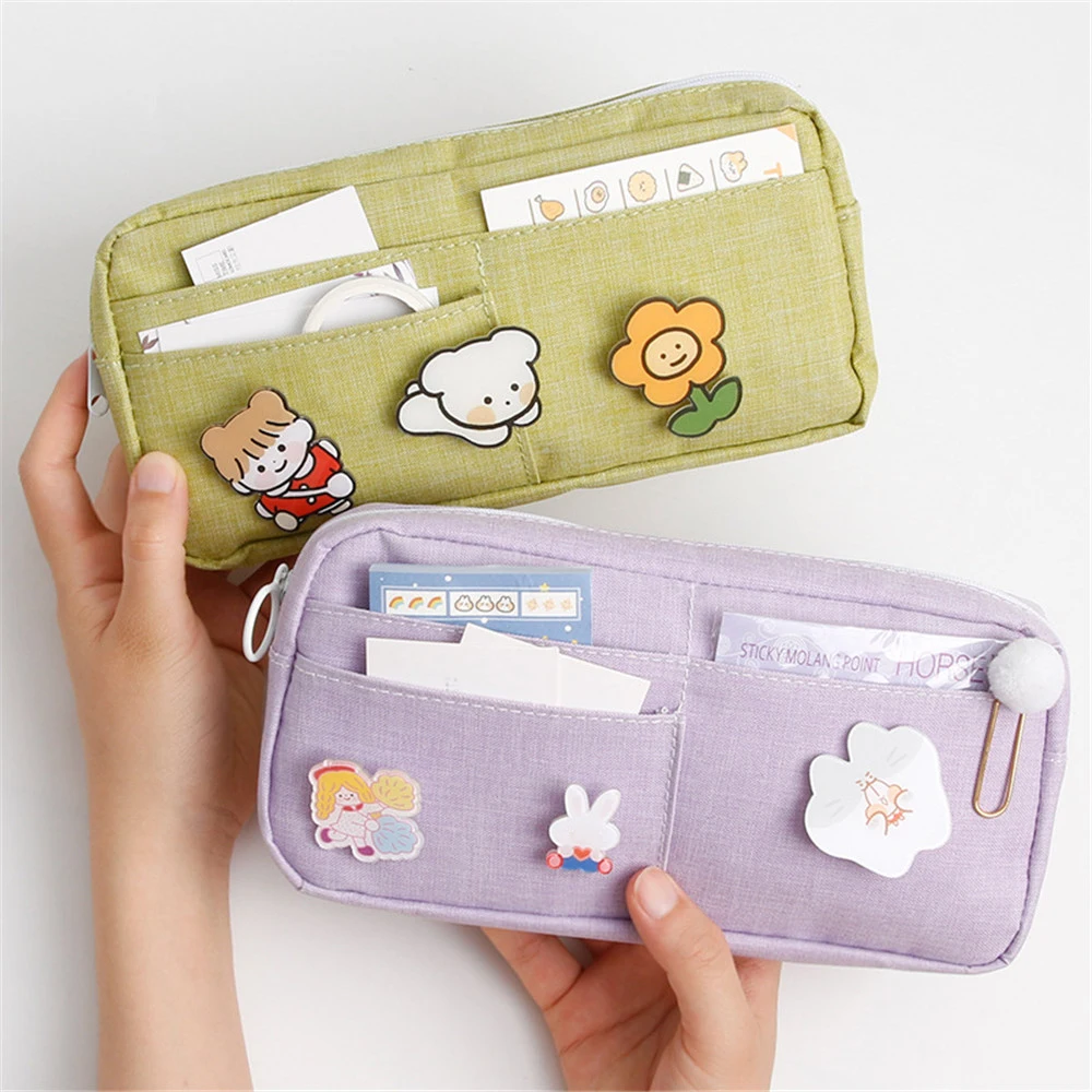 

Cute Pencil Case Korean Stationery Pencil Bag with Badges Large Capacity Canvas Pen Holder Organizer Student Back To School