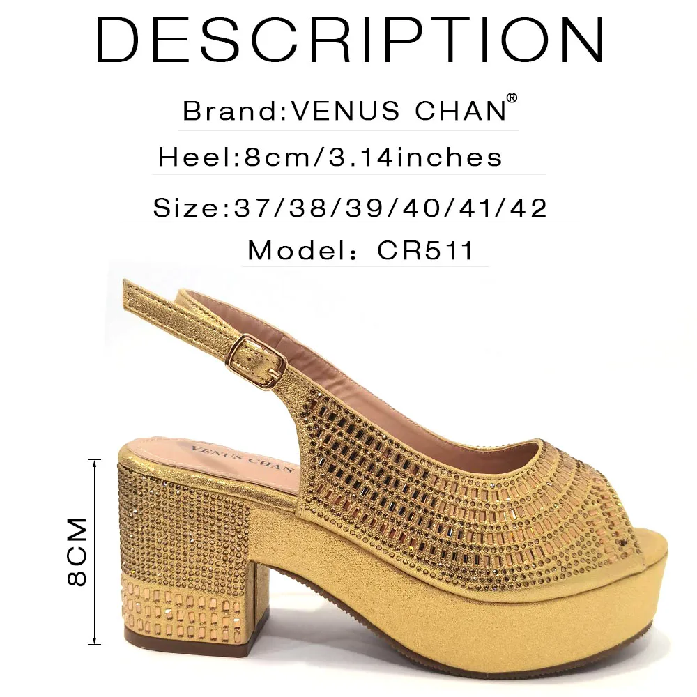 Venus Chan Latest Summer Women's Shoes High-Heeled Sandals Italian Design Rhinestone Golden Shoe and Bag set for Party in Ladies