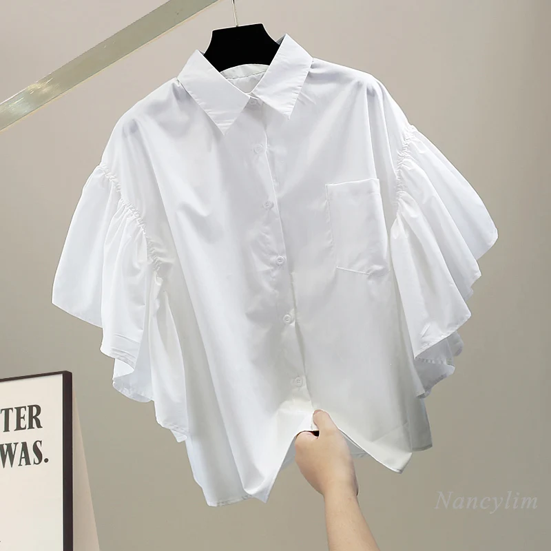 

Fashion Ruffles Blouse for Women Stitching Flying Sleeves Casual Loose Cotton Shirt Female Original Design Solid Color Blusas