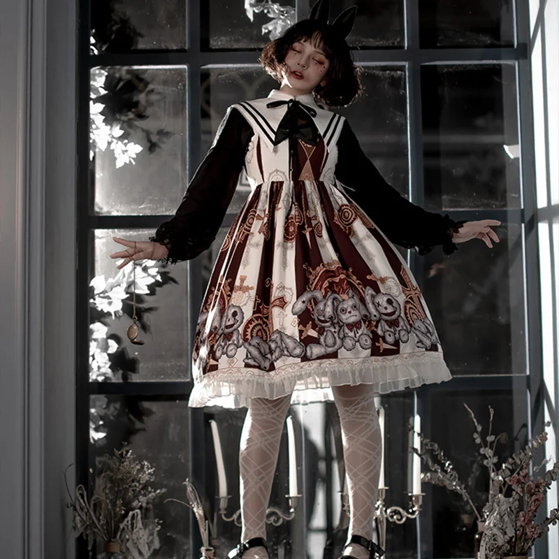 

Женское платье в готическом Стиле Лолита, облегающее ТРАПЕЦИЕВИДНОЕ ПЛАТЬЕ составного кроя с длинным рукавом и высоким воротником, платье ...