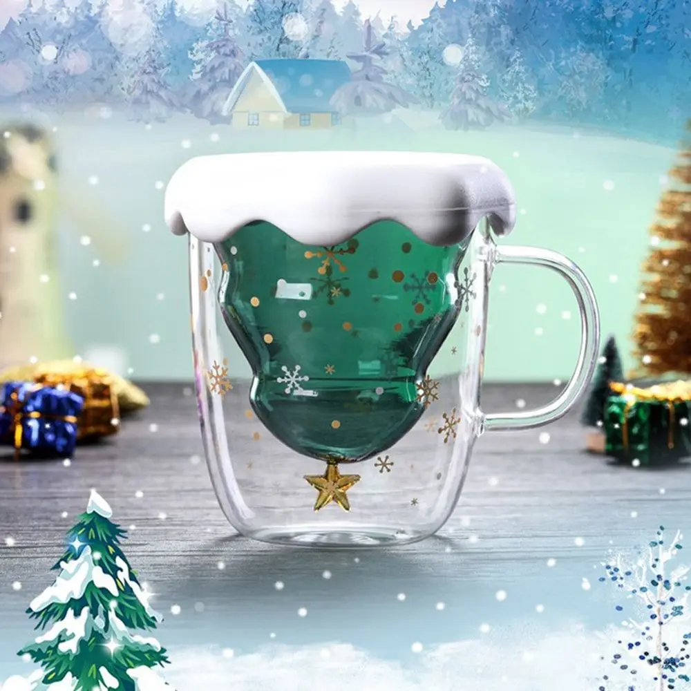 

Anti-Scalding Coffee Tea Drinkware Snowflake Christmas Tree Double Layered Glass Cup Milk Cup Christmas Gifts Glass Mug