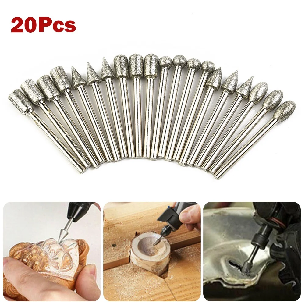 

20pcs 3mm Shank 120 Grit Diamond Burr Set Drill Bits Rotary Tool Grinding Heads For Grinding Engraving Polishing Part Tool