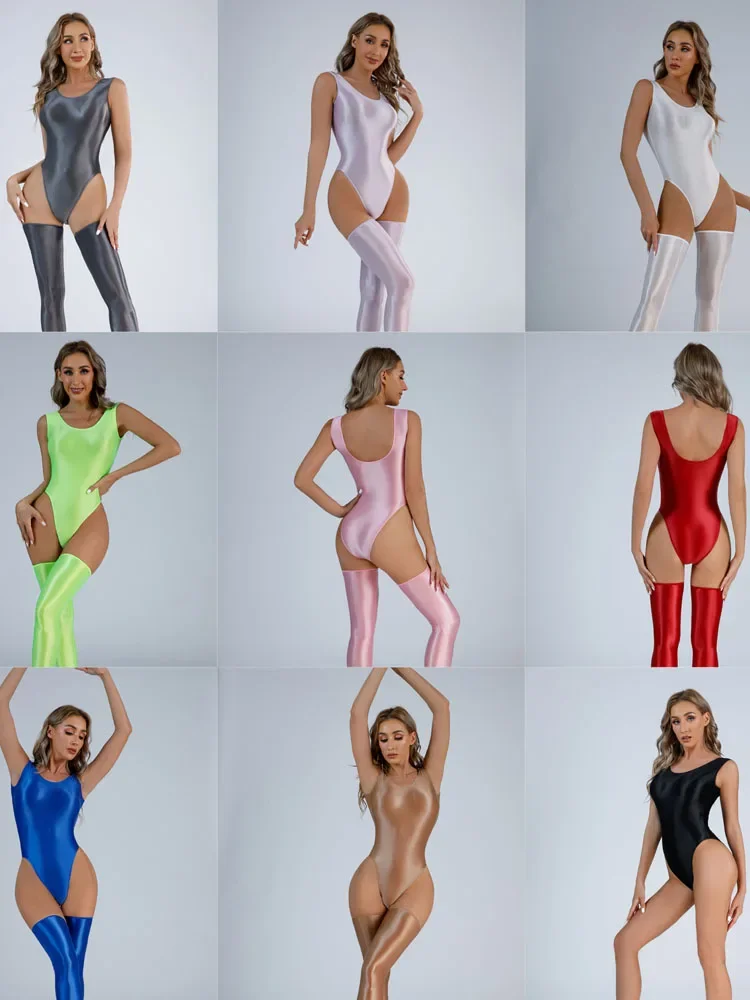 Глянцевый блестящий купальник стринги с высоким вырезом боди колготки