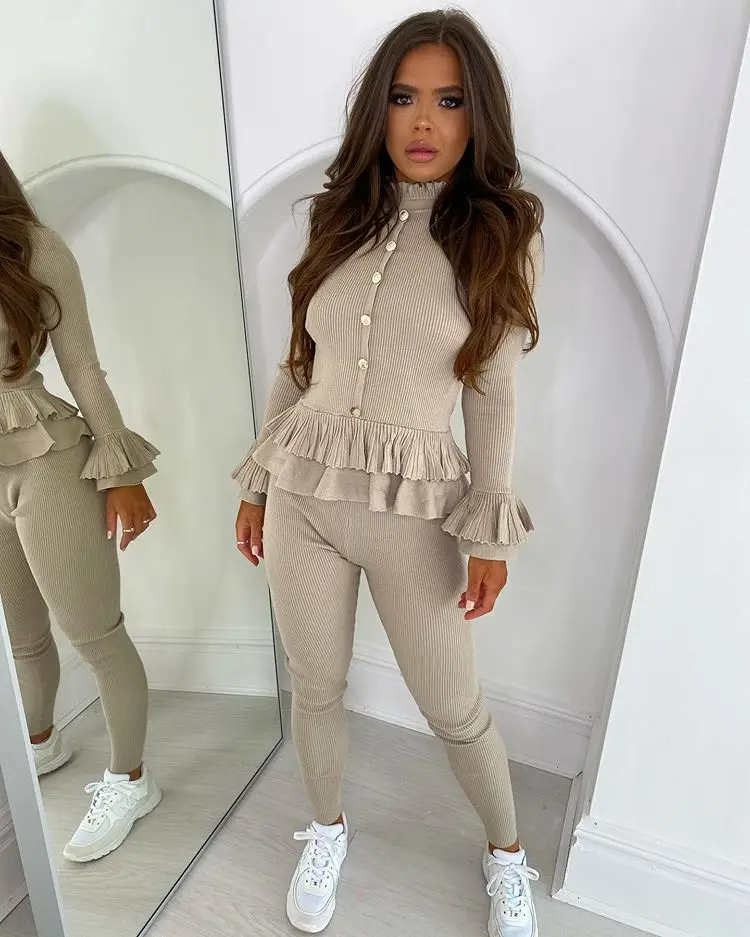 

Chocomist Two-pieces Sweety Solid Rib Ruffles Design Women Pants Set