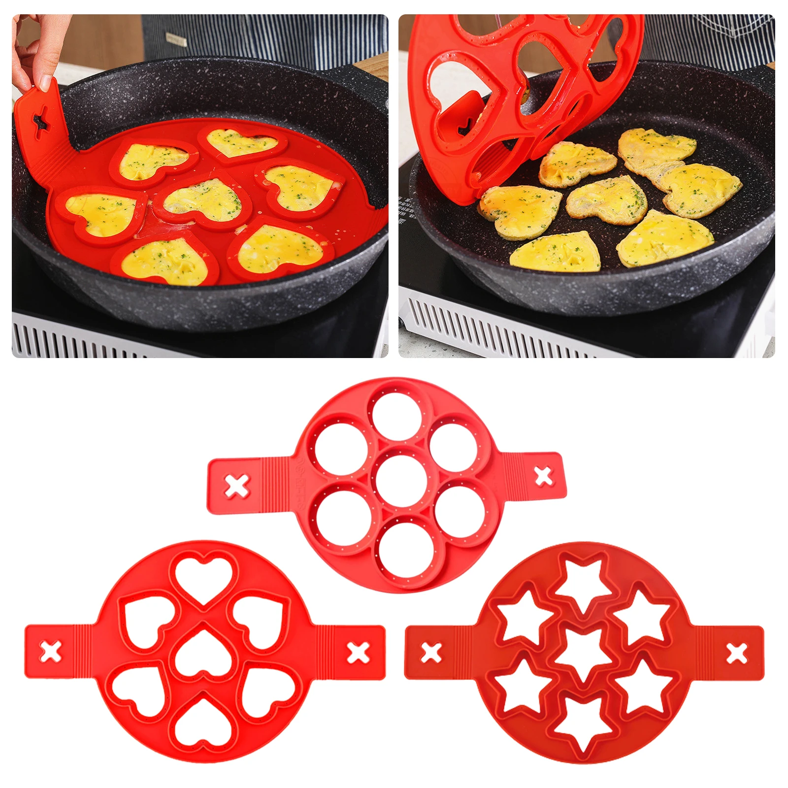 

Pancake Molds Multiple Shapes 4 Holes Ring Fried Egg Mold Reusable Silicone Non Stick Pancake Maker Egg Ring Maker For Kitchen