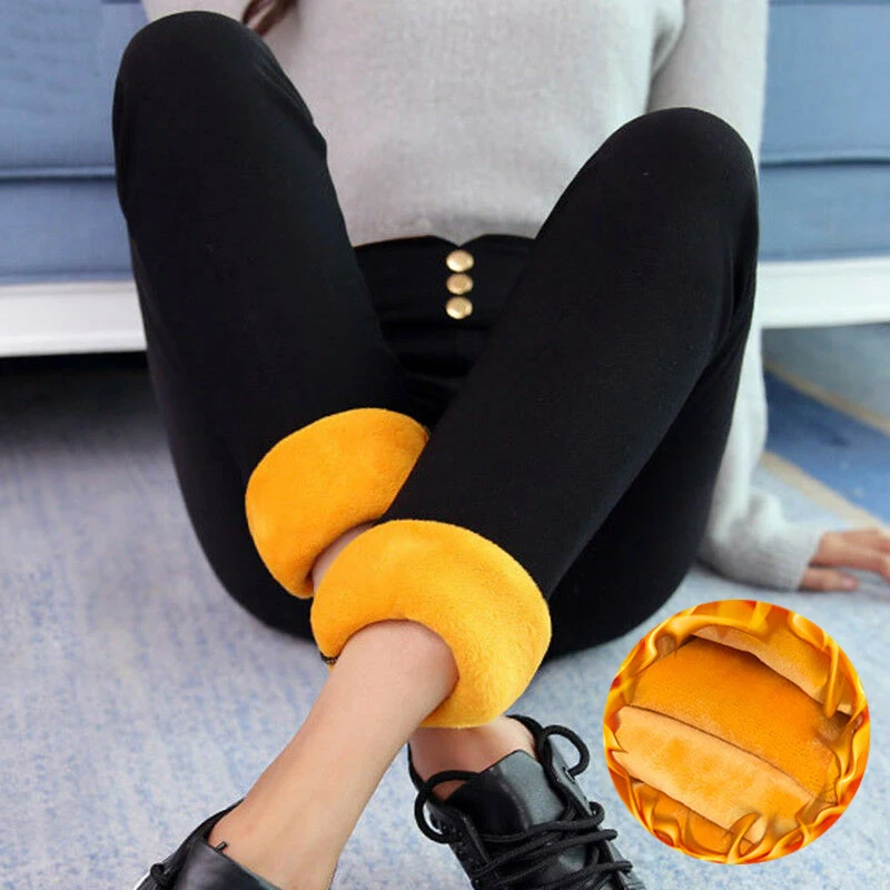 

NEW High Waist Warm Plush Pencil Pants For Women 3 Buttons Black Solid Skinny Leggings Female Casual Trousers Winter Bottoms