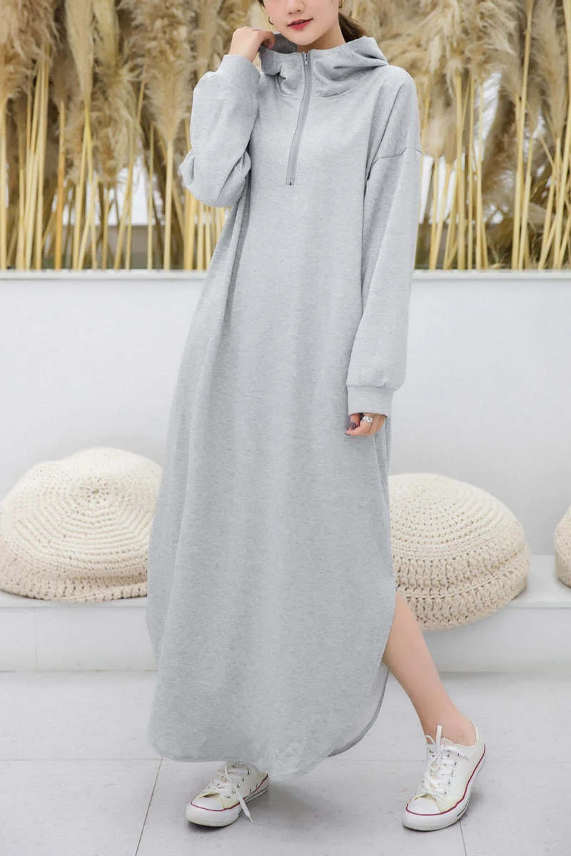 

Retro Solid Stitching Ruffled Winter Female New Hooded Long Sleeve Sweashirt Maxi Dress Women's Autumn Loose Drawstring Dress