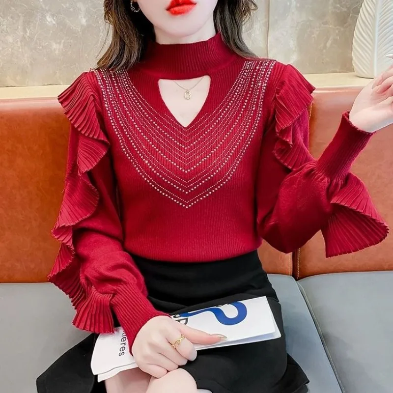 

Autumn Winter Women's Pullover Round Neck Solid Rhinestone Screw Thread Lantern Long Sleeved Sweater Knitted Fashion Casual Tops