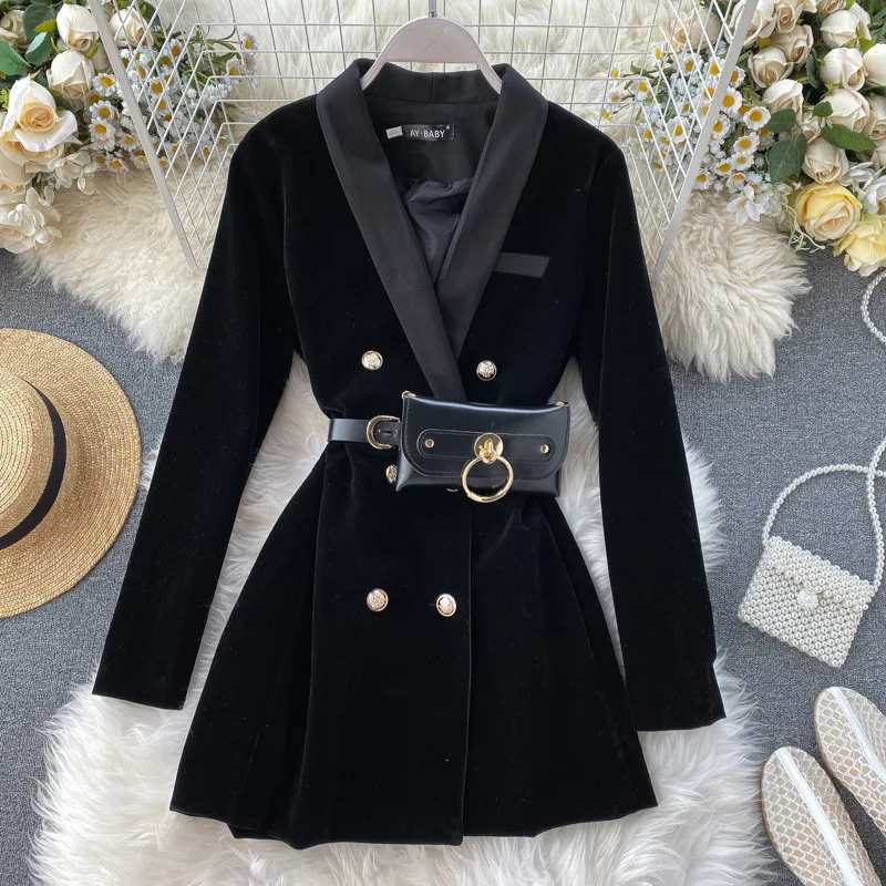 

British Elegant Long Sleeve Suit Blazer Spring Fall Women Black Jacket Coat Medium Long Retro Double Breasted Velvet WorkWear