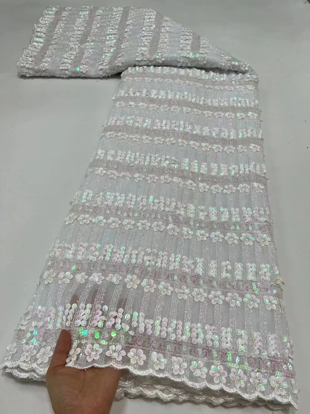 

White Mesh Lace and Supplies Lace Fabric Decorated Small Flowers 3D Big Sequins Embroidered for Wedding Party Especially WHDN21