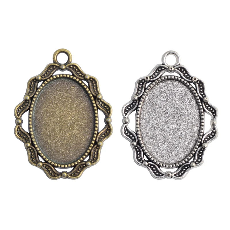 

10pcs 18x25mm Inner Size Antique Silver Plated Bronze Flowers Style Cameo Cabochon Base Setting Pendant necklace findings