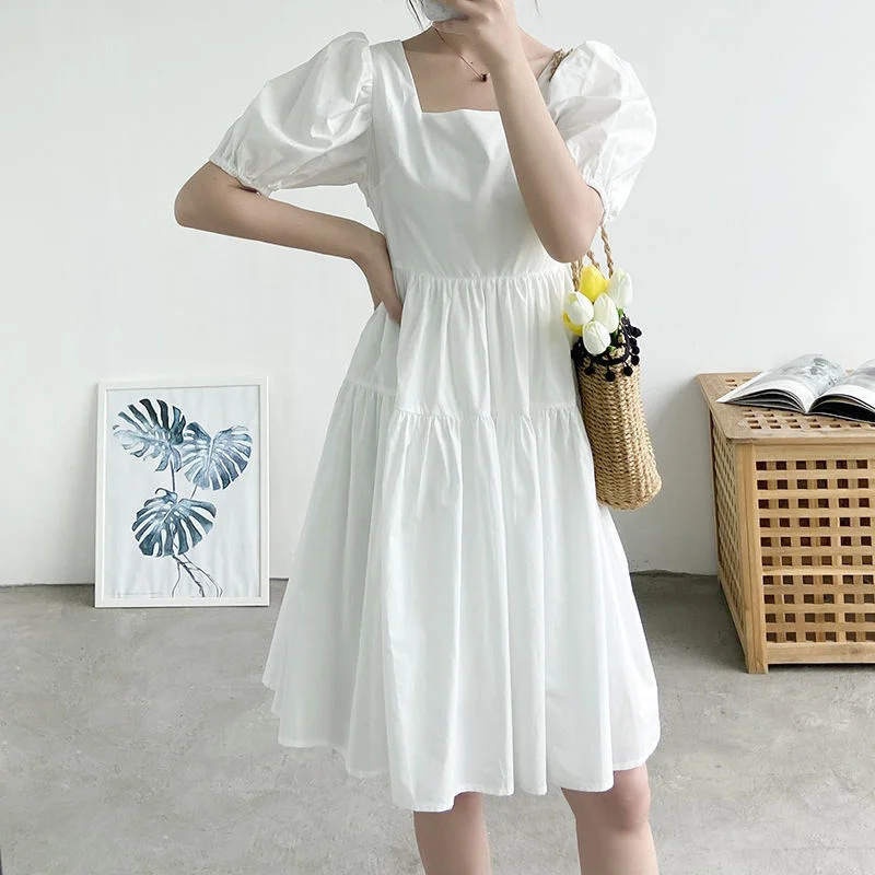 

Fashion Hepburn 2022 Summer White Dress French Bubble Sleeve Retro Square Collar A-line Dress Elegant Dresses For Shirt Women