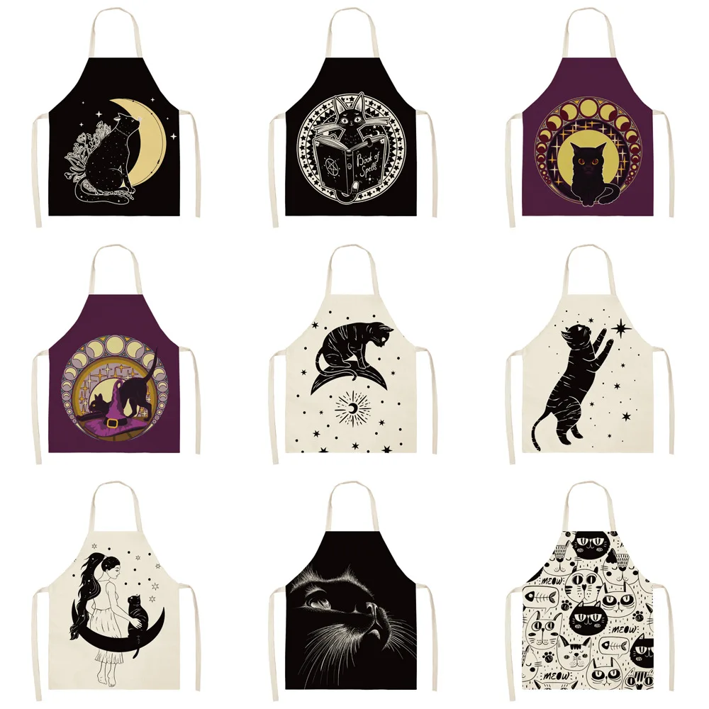 

Black Cute Cat Printed Kitchen Cooking Baking Aprons 55x68cm Sleeveless Cotton Linen for Women Man Home Delantal Cocina