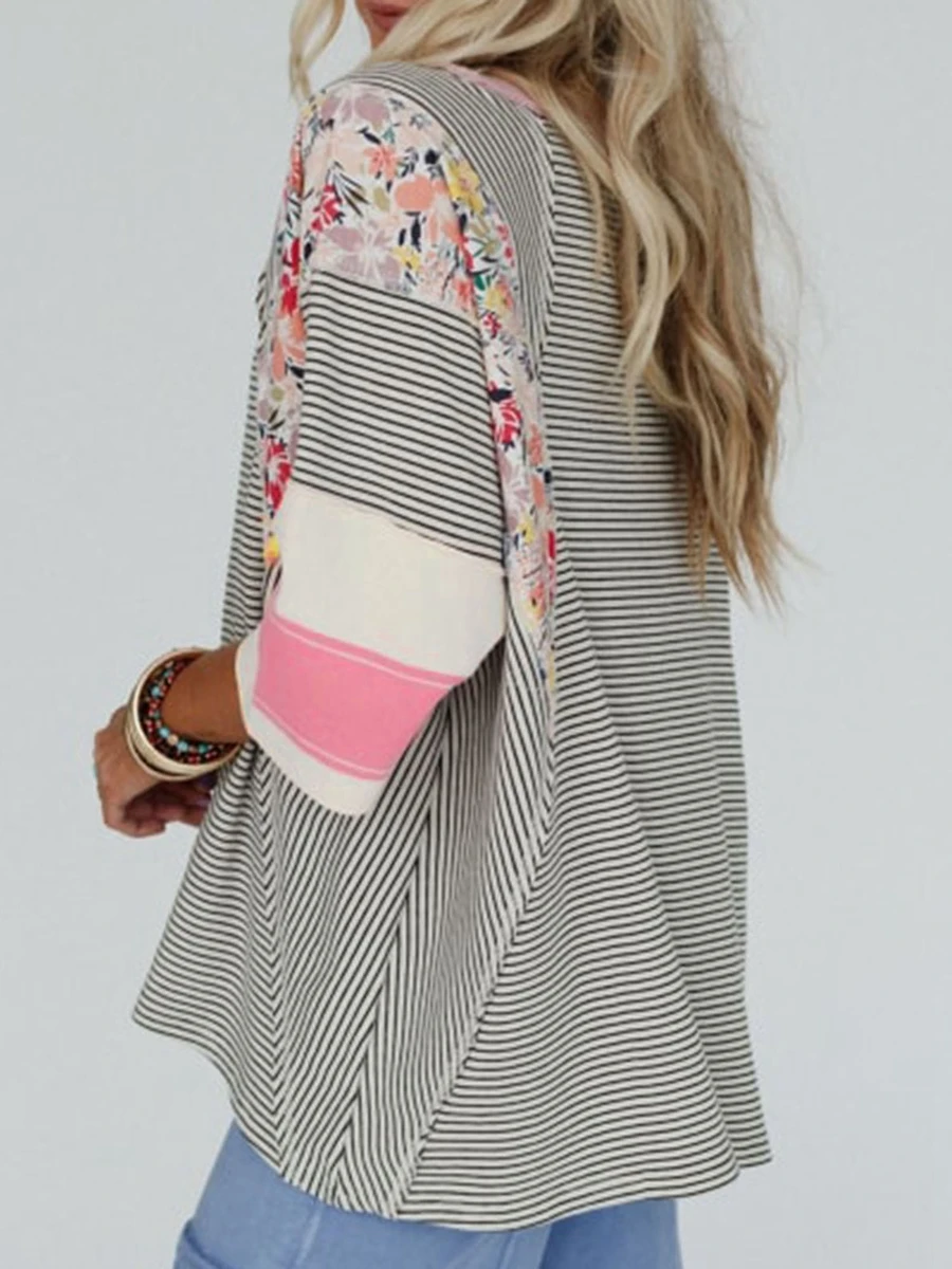 Женская свободная футболка с цветочным принтом и круглым вырезом