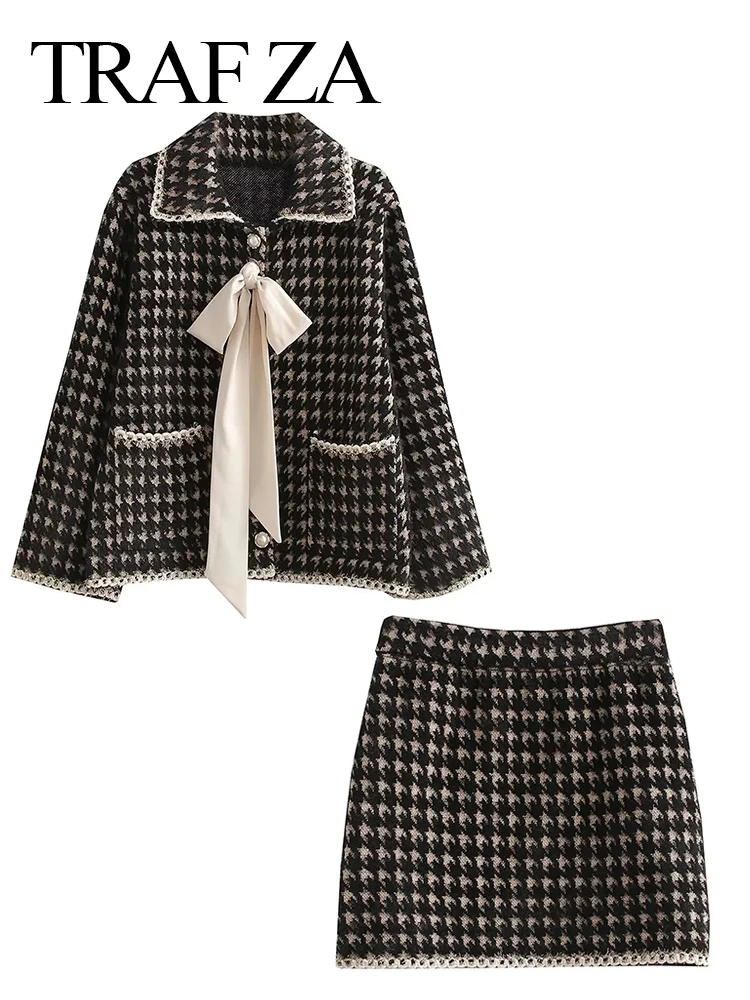 

TRAF ZA Women's Small Fragrance Skirt Suit Elegant 2022 Fashion Plaid Lapel Bow Jacket + Slim A-line High-end Skirt Clothes