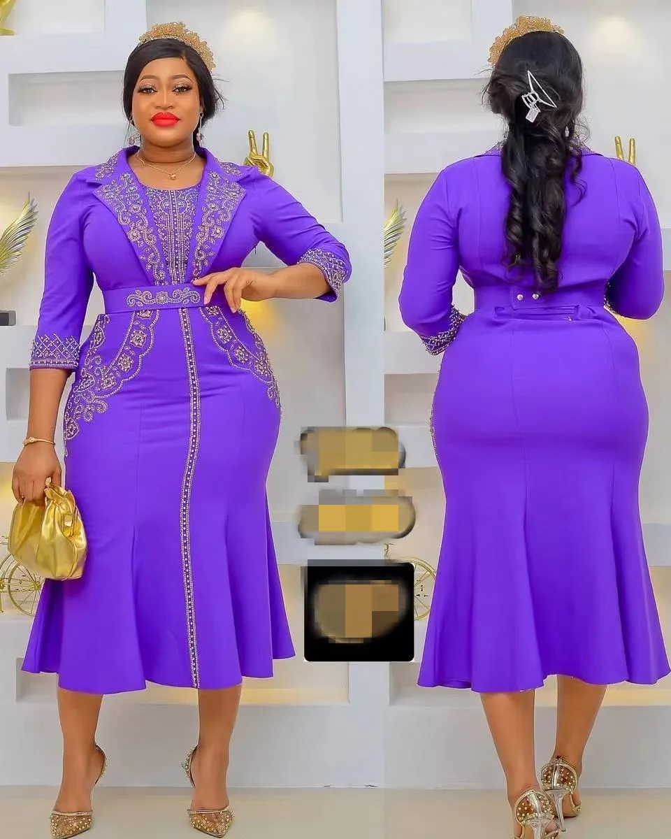 

2022 Summer Elegent African Women Yellow Green Blue Purple Polyester Knee-length Dress African Dresses for Women L-3XL