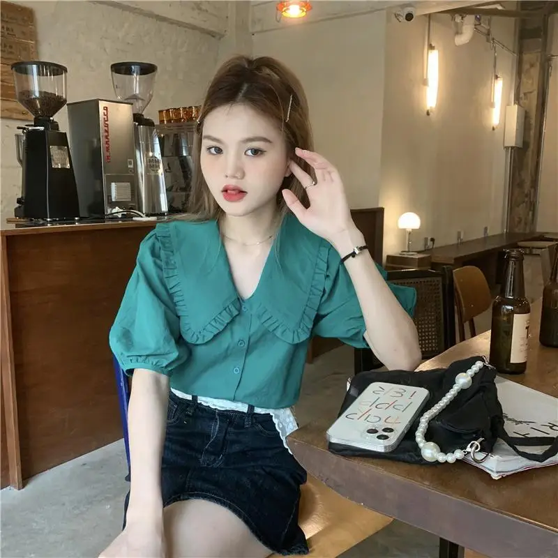 

Women's Shirts and Blouses with Puffy Sleeves Top for Woman Collar Clothing Green Button Up Kawaii Cute Luxury Designer New 2023