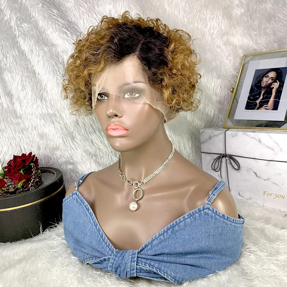 Short Curly Lace Pixie Cut Human Hair Wig with Baby Hair Side Part Lace Frontal Wig for Women 150% Density Bob Short Lace Wig