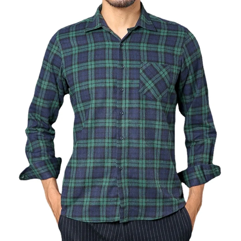 

Men Flannel Plaid Cotton Shirt Chest Pocket Smart Casual Classic Contrast Standard-fit Long Sleeve Dress Shirts
