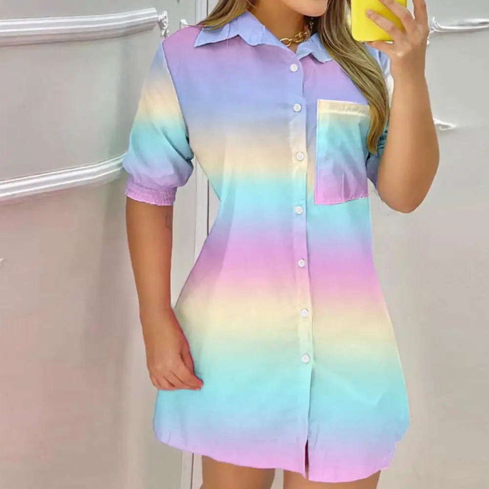 

Women Shirt Dress Bright Color Patchwork Leopard Print Single-breasted Shirt Dress Lapel Summer Dress Mini Cardigan Women Dress