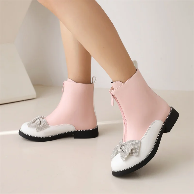 

YQBTDL Lolita Style Patchwork Mixed Colors Princess Ankle Boots Mid Zip Bowtie Low Heel Party Wedding New Women Shoes Pink White