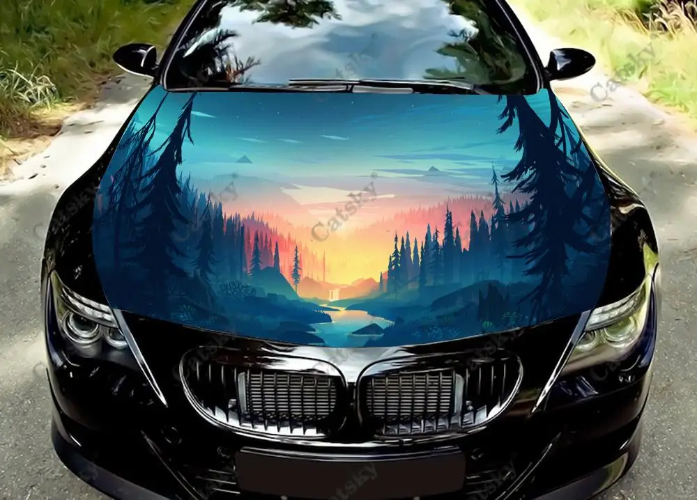 

Виниловые наклейки на капот автомобиля, виниловая пленка с изображением горного пейзажа, наклейки на крышку двигателя, аксессуары для автомобиля