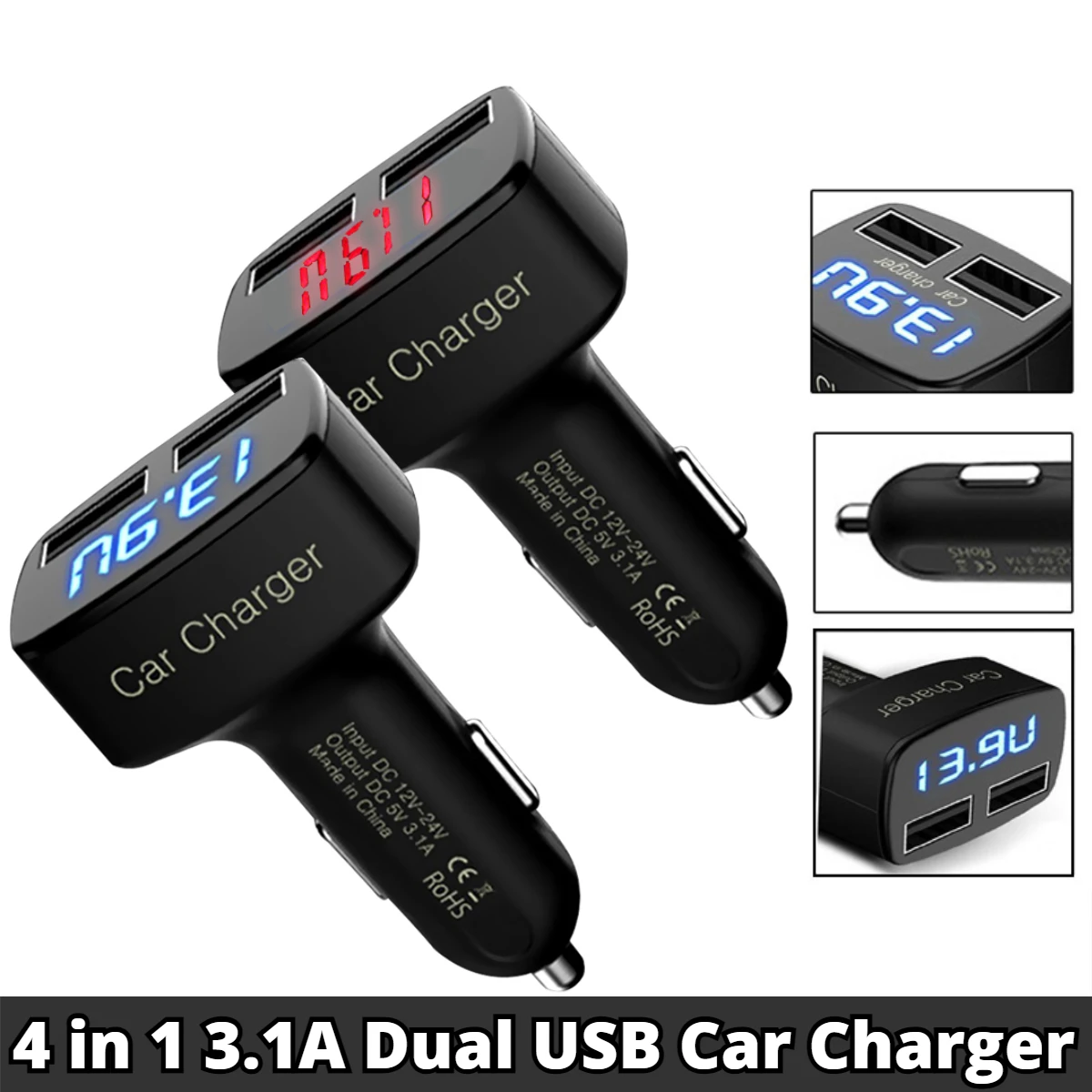 

Автомобильное зарядное устройство 4 в 1 с двойным USB-портом 3,1 А, 5 В, ЖК-дисплей, измеритель температуры/напряжения/тока, тестер-адаптер, цифро...