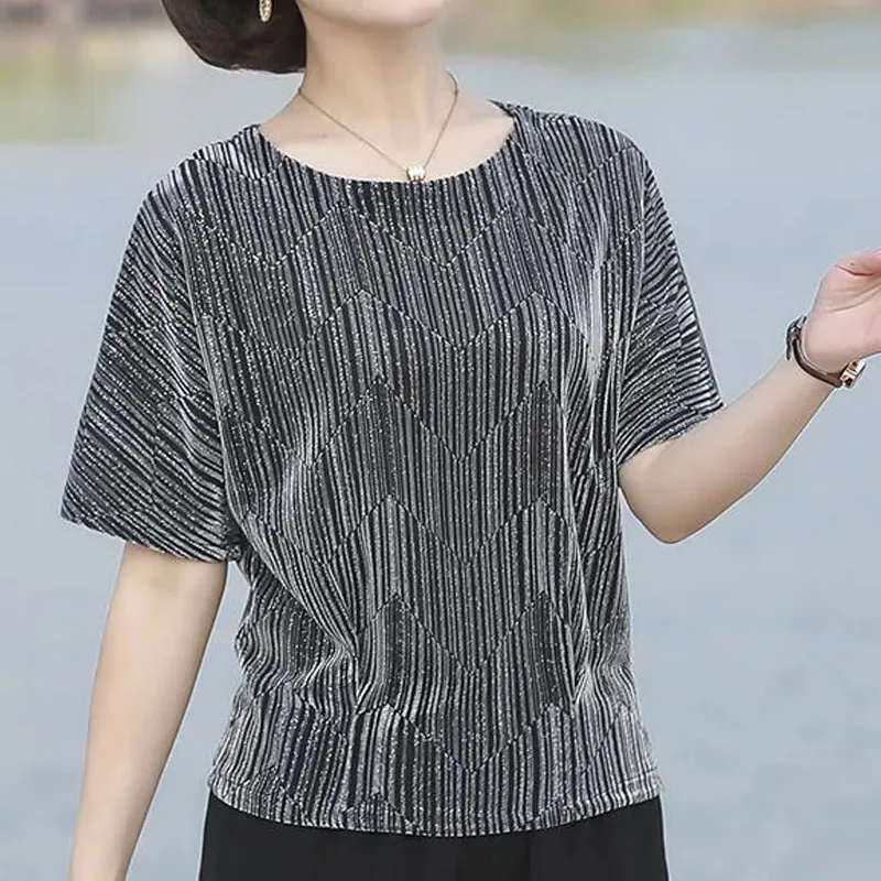 

Vintage Loose Bright Silk Short Sleeve T-shirt Pullovers Women's Clothing Summer Casual Fashion Female Round Neck All-match Tops