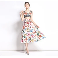2022 spring summer holiday floral runway 2 piece set women high waist pleated long skirt and lace strap cropped top set suit