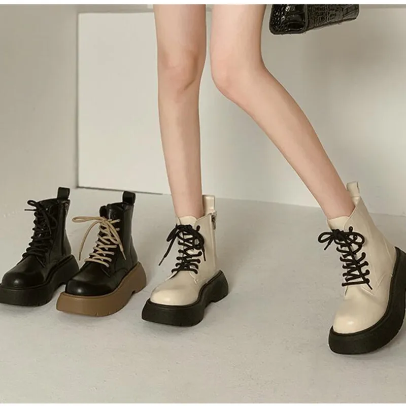 Elegant Fashion Slim Ankle Boots Women 2022 Casual Lace Up Platform Shoes Office Lady Thick Sole Short Boots Autumn Design Chic